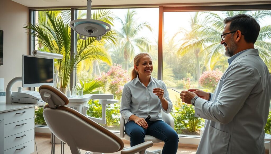 A bright, airy dental clinic with a lush, verdant garden visible through large windows. In the foreground, a state-of-the-art dental chair and modern equipment, all meticulously clean and organized. Mid-ground, a smiling patient receiving a consultation from Dr. Omid Haroonian, a skilled cosmetic dentist, his hands delicately examining the patient's teeth. In the background, a tranquil outdoor garden oasis, filled with vibrant flowers and towering palm trees, creating a calming, restorative atmosphere. Warm, natural lighting filters in, illuminating the serene, professional setting. The overall scene conveys a sense of comfort, expertise, and personalized care that patients of Dr. Omid Haroonian's cosmetic dentistry practice in Garden Grove can expect.