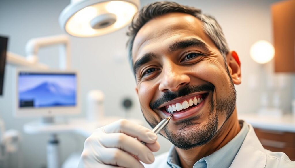 A close-up portrait of Dr. Omid Haroonian, a top dentist specializing in dental implants, smiling warmly while examining a patient's teeth in his modern, well-equipped Laguna Woods dental office. The lighting is soft and flattering, highlighting his kind, professional demeanor. The background features state-of-the-art dental equipment and a soothing, calming color palette that evokes a sense of trust and comfort. The overall atmosphere conveys Dr. Haroonian's expertise, dedication, and genuine care for his patients' well-being.