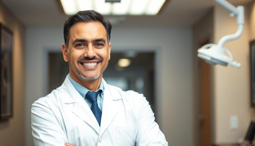 A close-up portrait of "Dr. Omid Haroonian", a top-rated dental implant specialist in Tustin, California. He is shown in a well-lit professional medical setting, wearing a white lab coat and looking directly at the camera with a warm, confident expression. The background is subtly blurred, placing the focus on his face and upper body. The lighting is soft and flattering, accentuating his features and creating a sense of professionalism and expertise. The overall mood is one of trust, competence, and care - qualities that would inspire confidence in a patient seeking dental implant treatment.