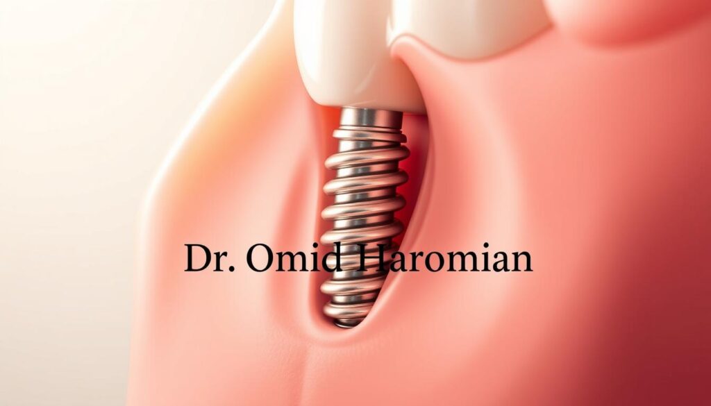 A close-up shot of a dental implant in the jaw, with the "Dr. Omid Haroonian" brand prominently displayed. The implant is surrounded by a detailed, realistic rendering of the bone and gum structure, showcasing the precision and expertise required for a successful dental implant procedure. The lighting is soft and natural, highlighting the intricate details of the implant and the surrounding tissues. The background is blurred, keeping the focus on the implant and creating a clean, professional look suitable for a medical illustration.