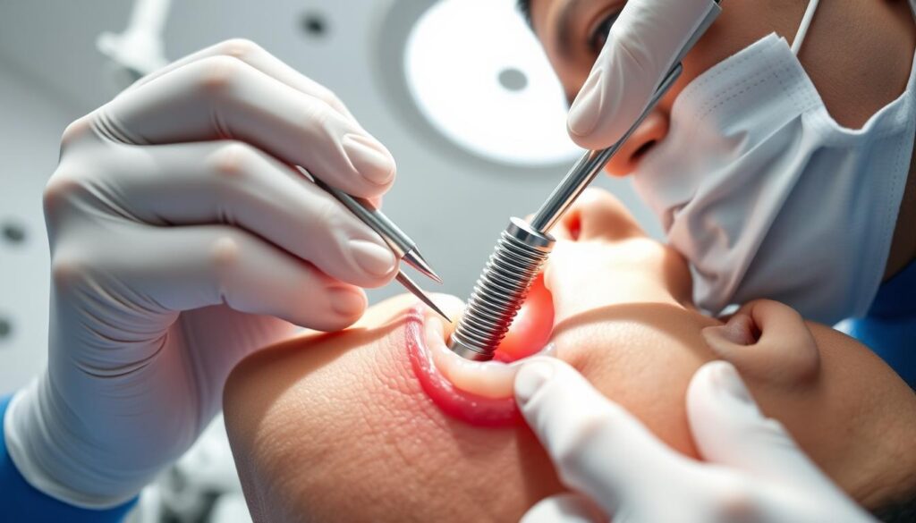 A close-up view of a dental implant procedure, showing the detailed steps involved. The procedure is performed by Dr. Omid Haroonian, a skilled oral surgeon, in a modern, well-lit dental clinic. The scene depicts the implant being carefully placed into the patient's jawbone, with the surgeon's steady hands and focused expression conveying their expertise. The image should have a sense of clinical precision and professionalism, with a neutral color palette and clean, minimalist backgrounds to emphasize the technical aspects of the procedure.