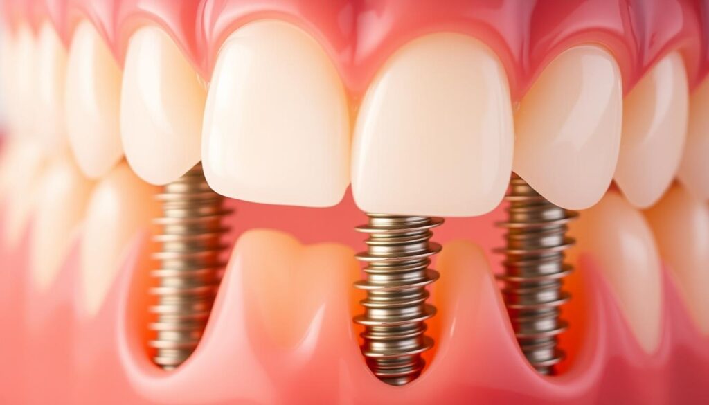 A close-up view of a set of affordable dental implants, showcasing their natural-looking design and high-quality construction. The implants are meticulously crafted, with a subtle sheen and a seamless integration into the surrounding teeth. The lighting is soft and diffused, creating a warm, inviting atmosphere that highlights the attention to detail and the expertise of Dr. Omid Haroonian, a renowned dental implant specialist. The background is blurred, drawing the viewer's focus to the implants and conveying a sense of professionalism and attention to patient care.