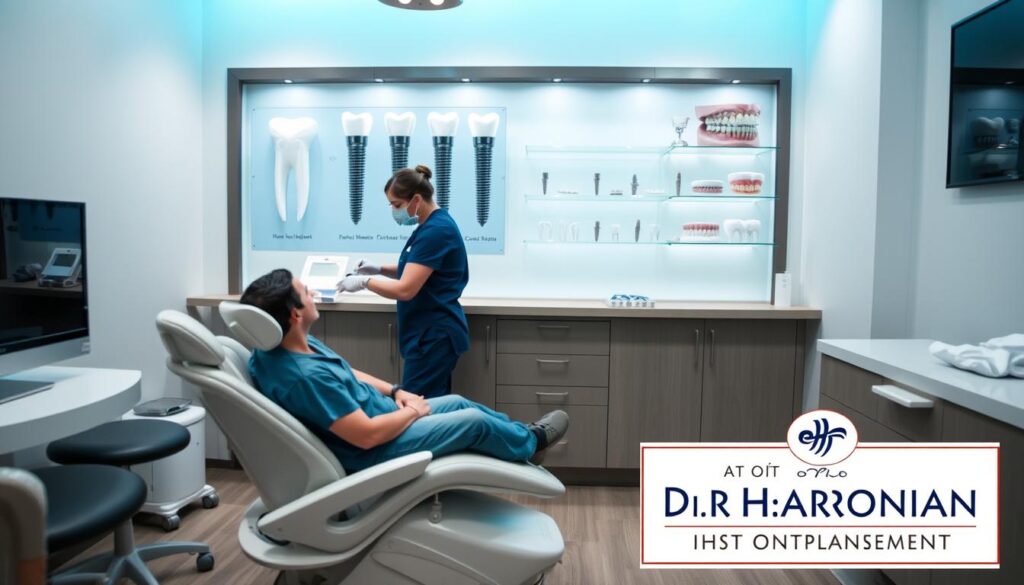 A dental office interior with state-of-the-art tooth replacement technology. In the foreground, a patient sits in a modern, ergonomic chair, while a dental assistant in scrubs examines their mouth. The background features a wall-mounted display showcasing 3D-printed dental implants and a range of custom-made dental prosthetics. Soft, directional lighting illuminates the scene, creating a calming, professional atmosphere. In the corner, a placard displays the logo and name of the practice: "Dr. Omid Haroonian - Advanced Tooth Replacement Huntington Beach."