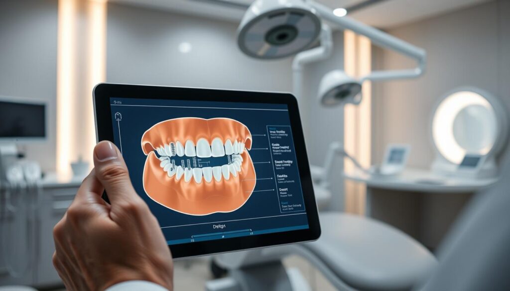A detailed, high-quality dental treatment plan with custom-designed dental implants, showcased on a tablet display. In the foreground, the tablet screen displays a 3D rendering of the patient's mouth, highlighting the proposed implant placements with precise measurements and treatment timelines. In the middle ground, the hands of a dental specialist, presumably "Dr. Omid Haroonian", carefully examine the treatment plan on the tablet. The background features a clean, modern dental office setting with sleek medical equipment and soothing lighting, conveying a sense of professionalism and personalized care. The overall atmosphere exudes confidence, expertise, and a focus on the patient's specific needs.