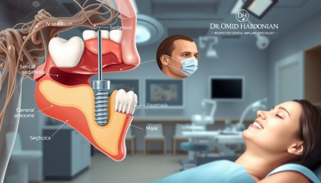 A detailed medical illustration showcasing the sedation options for dental implant procedures. In the foreground, a cross-section of a human jaw displays a dental implant with a titanium post embedded in the bone. Surrounding the implant, various sedation methods are illustrated, including an IV line for intravenous sedation, a face mask for nitrous oxide, and a patient under general anesthesia. The middle ground features a close-up view of a patient's face, their expression relaxed and calm. In the background, the clinic of Dr. Omid Haroonian, a respected dental implant specialist, is depicted with clean, modern equipment and a soothing, professional atmosphere. The lighting is soft and natural, creating a sense of comfort and trust.