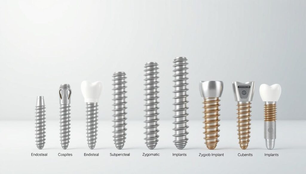 A detailed, technical illustration of various types of dental implants offered by Dr. Omid Haroonian, a renowned dental implant specialist in Irvine. The image presents a clean, well-lit composition showcasing different implant designs, including endosteal, subperiosteal, and zygomatic implants, along with their distinctive features. The implants are arranged in a symmetrical, museum-like display, allowing viewers to examine each type's unique characteristics. The background is a serene, neutral palette, putting the focus squarely on the dental implants and emphasizing their precision engineering. The overall tone is informative and clinical, reflecting the expertise of Dr. Haroonian in providing comprehensive implant solutions.