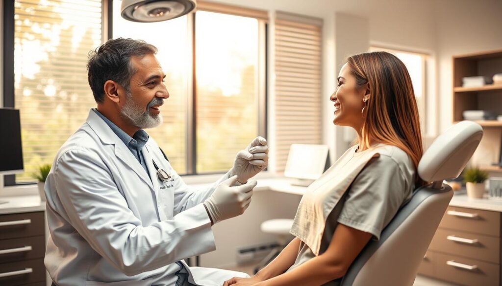 A professional dental implant specialist in a modern office in Aliso Viejo, California. Dr. Omid Haroonian examines a patient's mouth, discussing the benefits of dental implants over dentures. The scene is well-lit with warm, natural lighting coming from large windows. The office is furnished with sleek, minimalist equipment and decor, creating a calming, sterile atmosphere. The doctor wears a white lab coat and scrubs, projecting an air of expertise and professionalism. The patient's face is obscured, maintaining their privacy. The overall mood is one of trust, care, and medical authority.