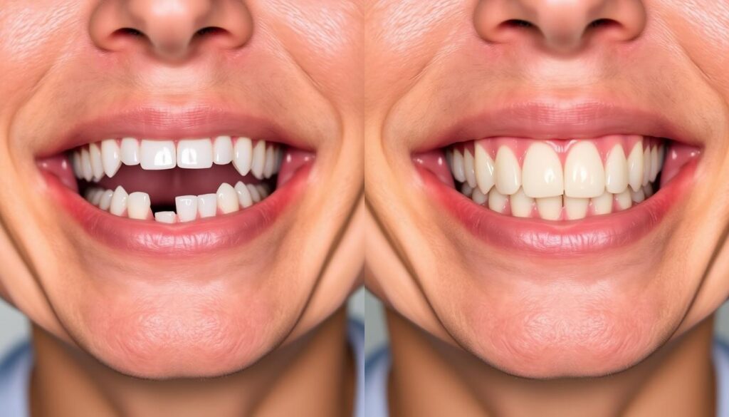 A side-by-side comparison of dental implant before and after photos, showcasing the expert work of Dr. Omid Haroonian. In the left frame, a gap-toothed smile with missing teeth; in the right, a fully restored, natural-looking dentition, achieved through Dr. Haroonian's meticulous implant placement and restoration. The lighting is soft and flattering, capturing the transformation in high definition. The images convey a sense of confidence and satisfaction, reflecting the exceptional patient care and results delivered by Dr. Omid Haroonian.
