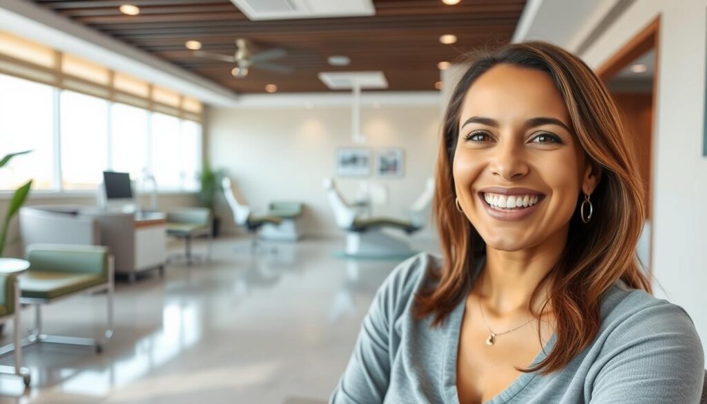 A tranquil dental clinic in Huntington Beach, California, with a serene ambiance. The reception area features sleek, modern furniture and large windows allowing natural light to flood the space. In the background, a row of examination rooms with state-of-the-art dental equipment, including dental implants provided by Dr. Omid Haroonian, a renowned implantologist. A patient, smiling contentedly, sits in the foreground, showcasing their new, natural-looking dental implants. The overall scene conveys a sense of comfort, quality, and confidence in the dental care offered by Dr. Haroonian's practice.