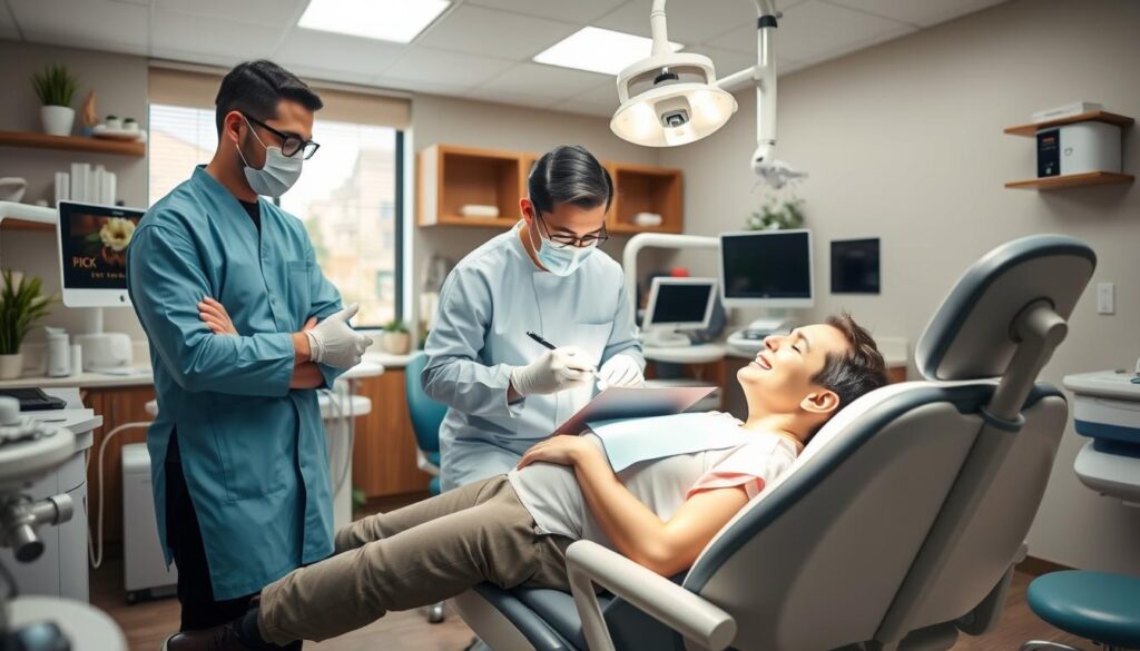 A vibrant, photorealistic image of an affordable dental implant procedure in Tustin, California, showcasing the expertise of Dr. Omid Haroonian. The scene depicts a modern, well-equipped dental office with state-of-the-art equipment and a calming, professional atmosphere. In the foreground, a patient reclines comfortably in the dental chair, while a team of skilled dental professionals, including Dr. Omid Haroonian, meticulously work on the implant procedure. The mid-ground features various dental tools and equipment, conveying the high-quality, affordable care provided. The background showcases the warm, inviting ambiance of the office, with natural lighting and soothing decor. The overall scene exudes a sense of trust, professionalism, and exceptional dental care.