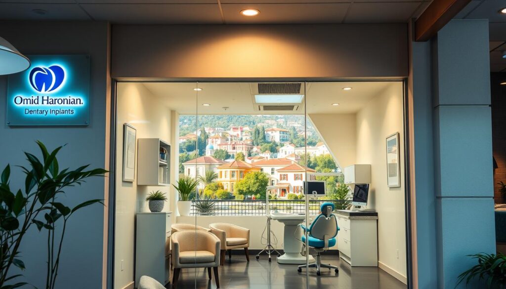Affordable dental implants Orange, a close-up view of a bright, welcoming dental clinic with a warm, inviting atmosphere. The clinic's facade features the logo and name "Dr. Omid Haroonian" prominently displayed. The foreground showcases a serene, modern waiting area with comfortable chairs and tasteful decor. The middle ground reveals a well-equipped dental operatory, with state-of-the-art equipment and a skilled dentist tending to a patient's needs. The background depicts the vibrant, bustling city of Orange, California, with its charming historic buildings and lush greenery. The lighting is soft and natural, creating a calming and professional ambiance.