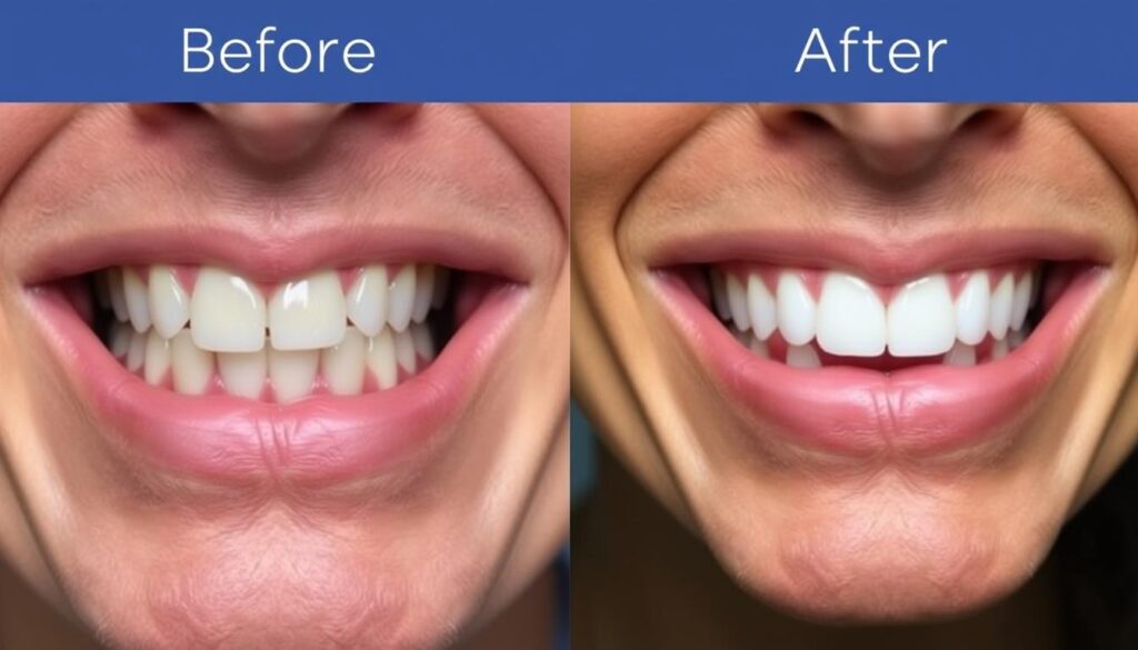 Two high-quality, detailed before-and-after photographs showcasing dental implant procedures, meticulously lit and captured at optimal angles to highlight the remarkable transformations. The before image depicts a person's natural teeth in a suboptimal state, while the after image reveals the stunning results of Dr. Omid Haroonian's expert implant work, restoring a beautiful, functional smile. Crisp, realistic textures and lifelike lighting create a sense of depth and authenticity, inviting the viewer to experience the patients' success stories firsthand. The overall aesthetic conveys a professional, clinical atmosphere befitting the article's subject matter.