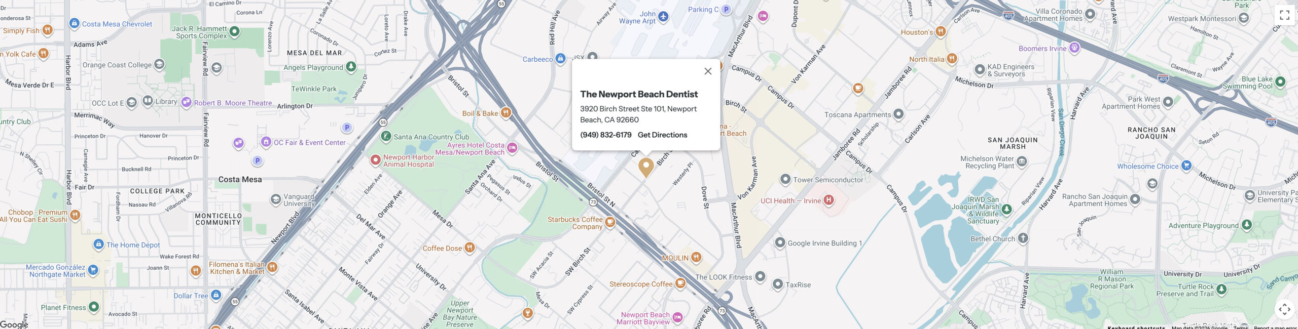 Map showing The Newport Beach Dentist at 3920 Birch Street Ste 101, Newport Beach, CA 92660